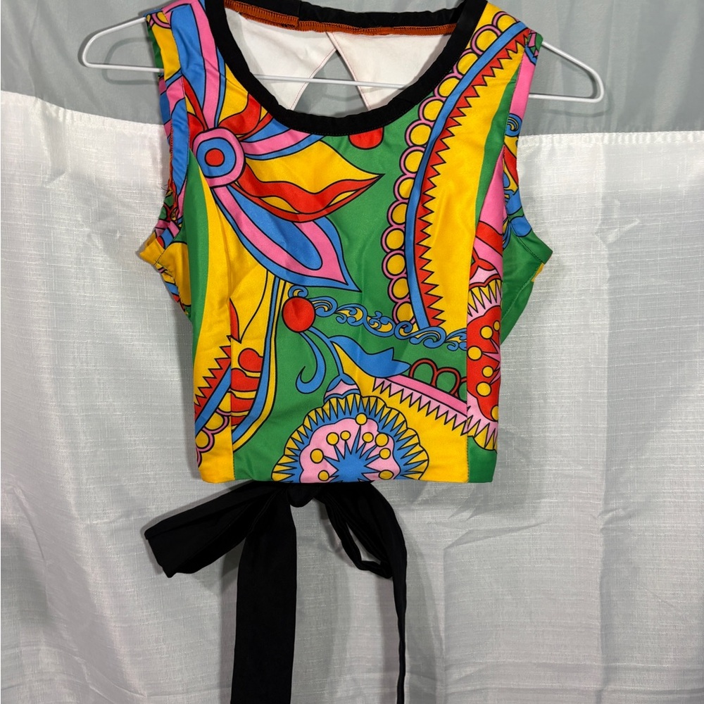 Homemade Vibrant Multicolor Cropped Tank with Black Tie